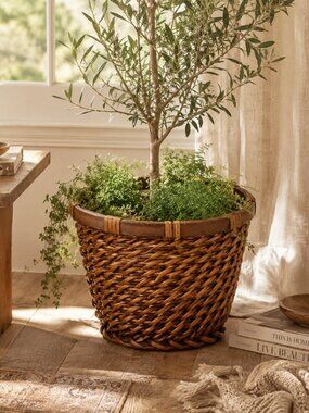 Woven Garden Basket Planter Rustic Brown Boho Cottagecore Home Decor